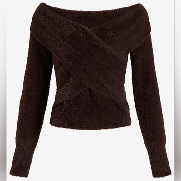 Express Women's Brown Faux Fur Off The Shoulder Surplice Sweater XS Cozy Vegan - Picture 4 of 8